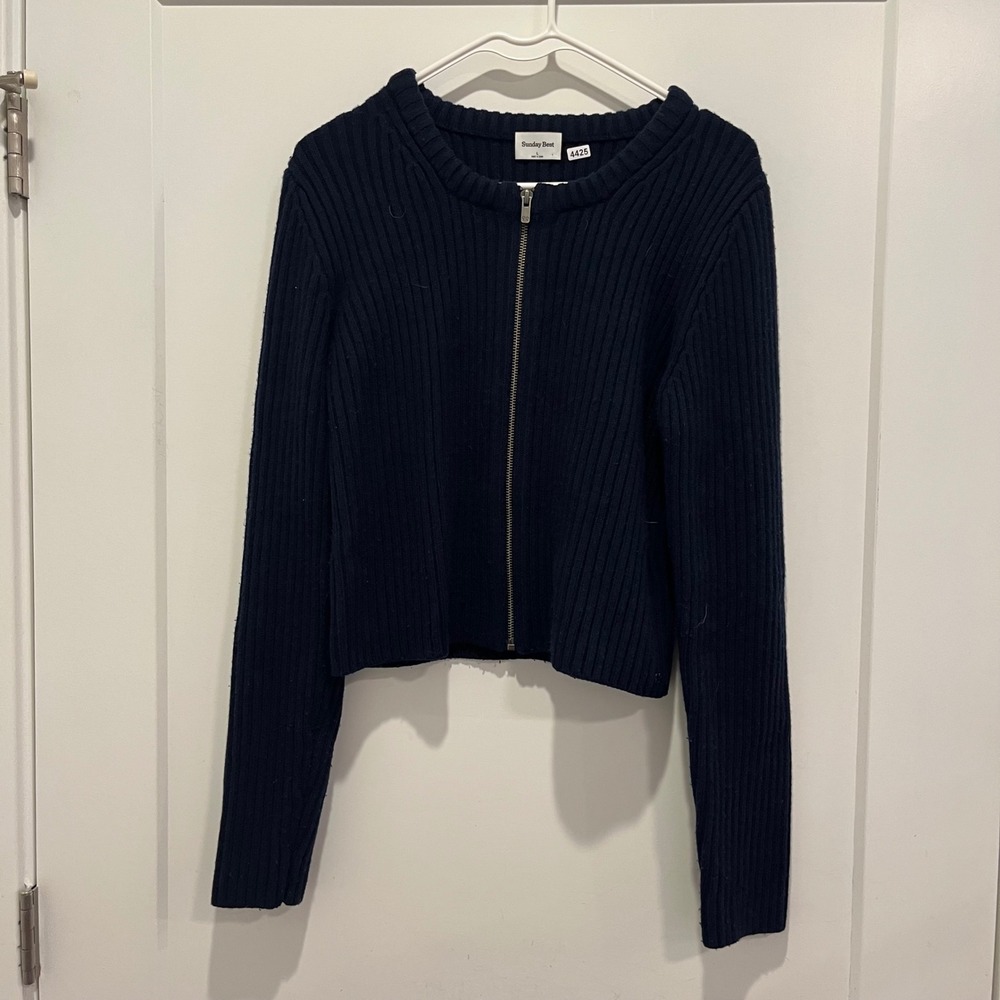 Sunday Best Aritzia Navy Blue Ribbed Full Zip Cropped Cardigan Sweater Large